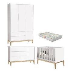 Quarto de Bebê 3 Portas New Classic Branco com Pés Madeira Natural e Colchão Gazin - Reller 