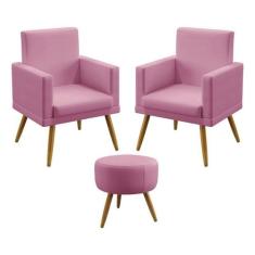 Kit 2 Poltronas Decorativas Estofada Vega e Puff Solar Com Rodapé Sued