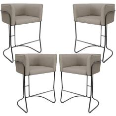 Kit 04 Banquetas Baixa Base de Aço Preto Betina D02 Linho Bege D-463 -