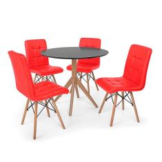 Conjunto Mesa de Jantar Maitê 80cm Preta com 4 Cadeiras Eiffel Gomos - Vermelha