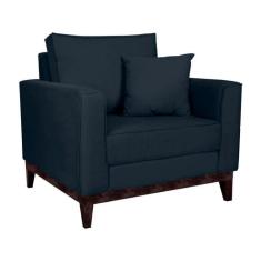 Poltrona Beny Pés e Base em Madeira Linho Cotton Azul Marinho