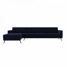Sofá 4 Lugares Living com Chaise Esquerdo Pé Palito Linho Cotton Azul Marinho