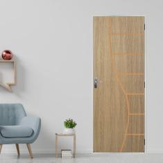 KIt Porta de Madeira Decorada 215x75cm com Batente de Aço 06cm Cantareira MGM Carvalho Alpha