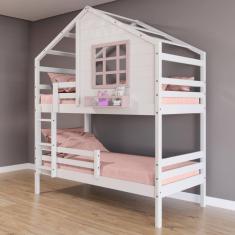 Beliche Casinha com Janela e Grade de Proteção Madeira Maciça Branco/ Rosa Housin