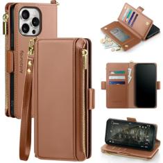 Antsturdy Capa carteira compatível com iPhone 15 Pro Max, capa de telefone de couro PU com bloqueio de RFID, mulheres, homens, suporte, alça de pulso, zíper, compartimentos para cartão de crédito para