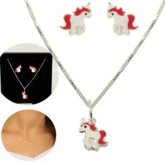 Conj.Colar Pingente Brinco Infantil Prata Pura 925 Unicornio - Lojas L