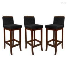 Kit 3 Banquetas Alta para Balcão Nice em Madeira Matelassê Suede Preto