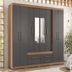 Guarda Roupa Casal 8 Portas 4 Gavetas com Pés e Espelhos Nápoles Jatobá/Grafite