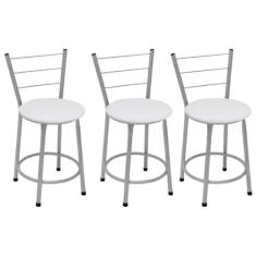 Kit 3 Banquetas Baixas Prata com Encosto Assento Branco
