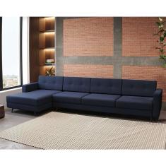Sofá 4 Lugares Living com Chaise Esquerdo Pé Palito Linho Cotton Azul Marinho