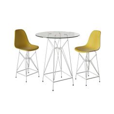 Jogo Mesa Bistrô Eames Vidro 60Cm 2 Banquetas Amarela Base Ferro Branco - Cor: Branco