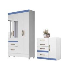 Conjunto Guarda Roupa Com Espelho e Cômoda Petra Branco Rosa Azul Lilá