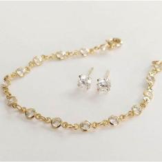 Conjunto Infantil Pulseira Pedrinhas Ponto De Luz + Brinco Banhado