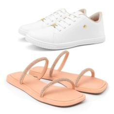 Kit Feminino Tênis Casual e Sandália Rasteira com Strass Confortável e
