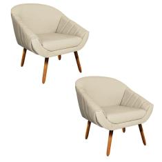 Kit 02 Poltronas Giovana Linho Areia A27 Pés Palito Castanho