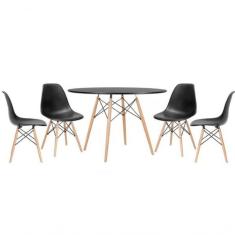 Conjunto De Mesa 4 Cadeiras Pretas Eames Dkr 110cm Base Madeira Tampo Preto