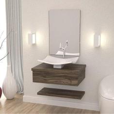 Bancada para Banheiro com Cuba Folha F44 Prateleira e Espelheira 606w Metrópole Compace Carvalho Dark