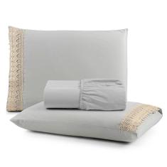 Jogo De Lençol Rubi Casal 3 Pçs 100% Algodão 200 Fios Ponto Palito Bordado - Cinza