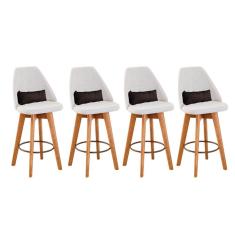 Kit 04 Banquetas Alta Maya Giratória Com Encosto Linho Bege Claro e Almofada Suede Marrom - Aurora Line