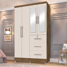 Guarda Roupas Solteiro Com Espelho 4 Portas 3 Gavetas com pés Tokio Jequitibá / Off White 