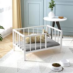 OSCHF Cama de cachorro com trilhos – Estrutura de cama de metal elevado para animais de estimação com placa de madeira maciça e tapete macio lavável para cães pequenos uso interno ou externo, 54 cm x
