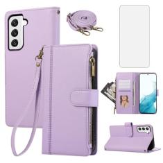 Asuwish Capa de celular para Samsung Galaxy S22 Plus S22+ 5G com zíper carteira celular com protetor de tela de vidro temperado alça transversal suporte para cartão S22+5G S22plus 22S + S 22 22+