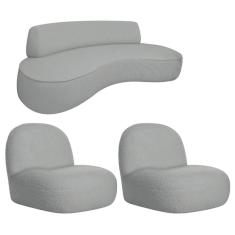 Sofá Curvo 160cm 2 Lugares E 2 Poltrona Amsterdã Bouclé - Doce Sonho Móveis Cor Cinza