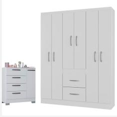 Cômoda 868 4 Gavetas e 1 Porta com Guarda Roupa Casal Milão 6 Portas Branco Brilho - Poquema