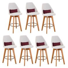 Kit 07 Banquetas Alta Maya Giratória Com Encosto Gourmet Linho Bege e Almofada Sintético Bordô - Aurora Line