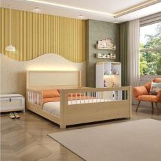 Cama Casal Montessoriana Evolutiva Led com Rattan, Grade em Palitos Wa