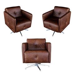 Kit 3 Poltronas Giratória para Sala de Estar Astana Couro Tabaco - Gran Belo