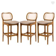 Kit 3 Banquetas Alta Decor Madeira Imbuia Encosto Rattan Linho Marrom L87 RMI