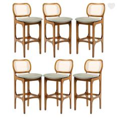 Kit 6 Banquetas para Área Gourmet Decor Encosto Rattan Madeira Imbuia Linho Verde L84 RMI