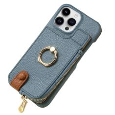 Carteira de couro com zíper com porta-cartões capa de telefone para iPhone 13 12 Mini 15 14 11 Pro Max XS XR X 7 8 Plus Capa com suporte de anel, azul, para iPhone 15 Pro