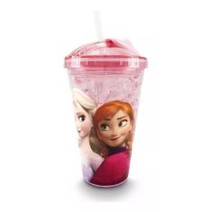 Copo Rosa Com Canudo E Tampa Gel Congelante Anna & Elsa Frozen 450ml - Disney