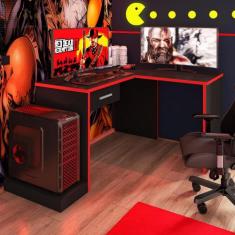 Mesa Gamer de Canto com Gaveta Wayra Preto Vermelho - Mais de Casa