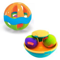 Kit 2 Brinquedos Bolinha Chocalho E Gira Ball Sensorial Bebê