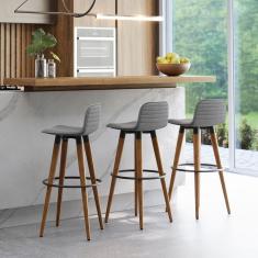 Kit 3 Banquetas Altas Luxo Aço Preto Linho Cinza Preto