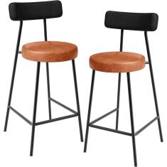 Kit 2 Banquetas Baixa Milão L02 Moderno Aço Carbono Assento Courino Preto Brilho Camel Lyam Decor