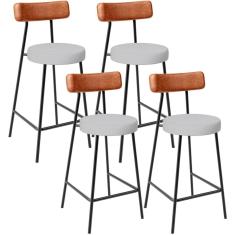 Kit 04 Banquetas Baixa Bar Cozinha Sala Jantar Milão L02 Couríssimo Camel Linho Cinza