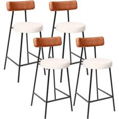 Kit 04 Banquetas Baixa Cozinha Sala Jantar Milão L02 Couríssimo Camel Linho Cru