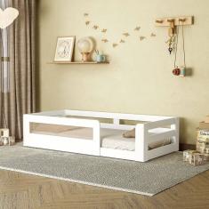 Cama Montessoriana Infantil Space Solteiro Com Rattan E Grade De Segurança Em Mdp Casatema Branco