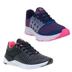 Tênis Feminino Esportivo Caminhada Fitness Confortável Kit Cinza/Preto