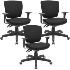 Kit 03 Cadeiras Escritório Executiva Office Giratória Preto Baixa Flex