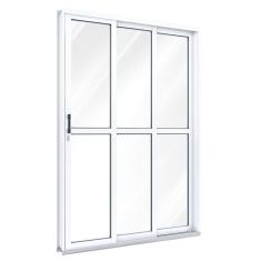 Porta de Aço de Correr 213x150cm 3 Folhas com Vidro Liso Ullian Esquadrias Metálicas Branco