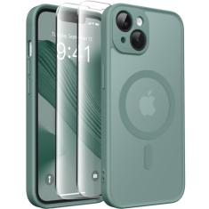 CAPRARO Capa magnética para iPhone 14, [compatível com MagSafe] [proteção total da câmera] Capa protetora à prova de choque fina translúcida fosca para iPhone 14 de 6,1 polegadas, verde meia-noite