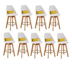 Kit 09 Banquetas Com Encosto Linho Bege E Almofada Amarelo