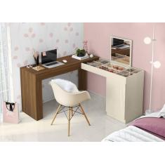 Escrivaninha em L com Penteadeira Star Freijo Off White - Mobler