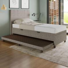 Base Cama Baú Solteiro Com Cama Auxiliar C/colchão Conjugado Linho - Skybox Cor Marrom