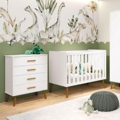 Berço Americano 2 em 1 e Comoda Gaveteiro Isis Branco Fosco - Reller